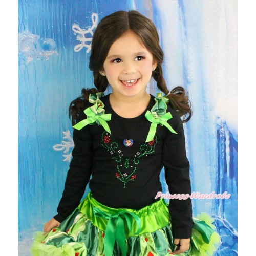 Frozen Black Long Sleeves Top Anna Coronation Ruffles Kelly Green Bow & Sparkle Rhinestone Princess Anna & Heart Print TO410